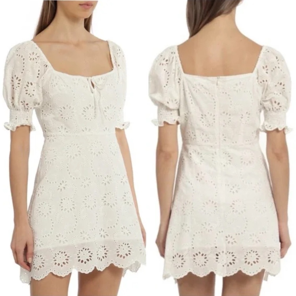 7 For All Mankind White Eyelet Lace Puff Sleeve Babydoll Mini Dress Medium $258